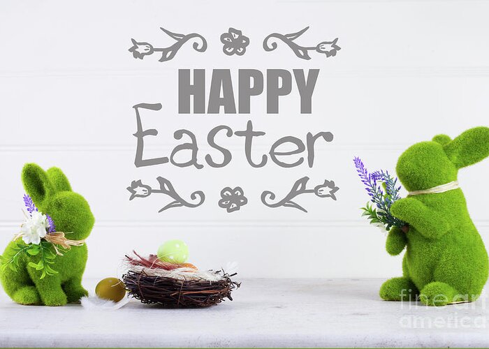Easter Greeting Card featuring the photograph Happy Easter with Rabbits by Anastasy Yarmolovich