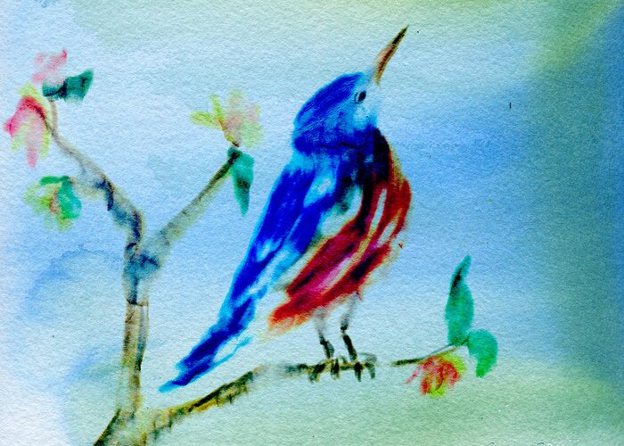 Eastern Bluebird Greeting Card featuring the digital art Eastern Bluebird Looks Up by Frank Bright