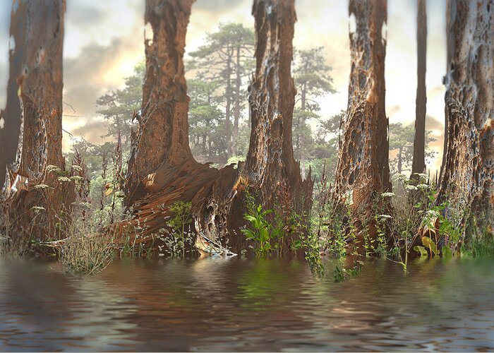 Water Greeting Card featuring the digital art Edge of the Old Forest by Hal Tenny