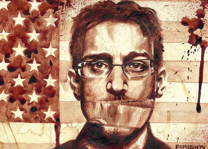 Ryan Almighty Greeting Card featuring the painting EDWARD SNOWDEN portrait dry blood by Ryan Almighty