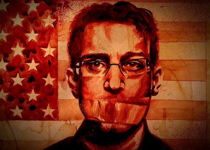 Ryan Almighty Greeting Card featuring the painting EDWARD SNOWDEN portrait fresh blood by Ryan Almighty