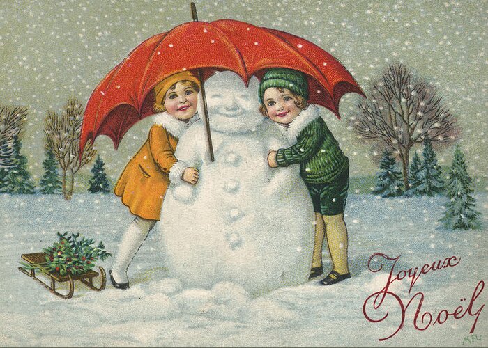 Snowman Greeting Card featuring the painting Edwardian Christmas Card by English School