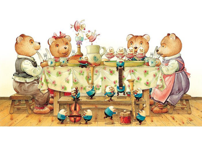Eggs Easter Bear Dinner Party Concert Music Musicians Orchestra Ballet Show Food Greeting Card featuring the painting Eggs Ballet by Kestutis Kasparavicius