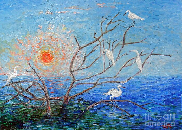 Egrets Greeting Card featuring the painting Egrets at Sunrise by Doris Blessington