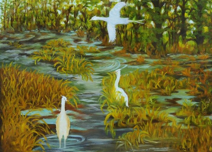 Birds Greeting Card featuring the painting Egrets in the Marsh by Douglas Ann Slusher