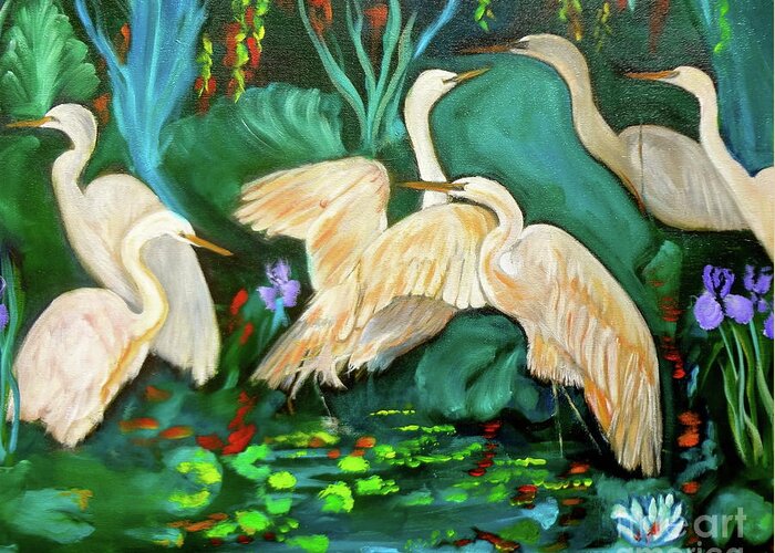 Lotus Greeting Card featuring the painting Egrets on Lotus Pond by Jenny Lee