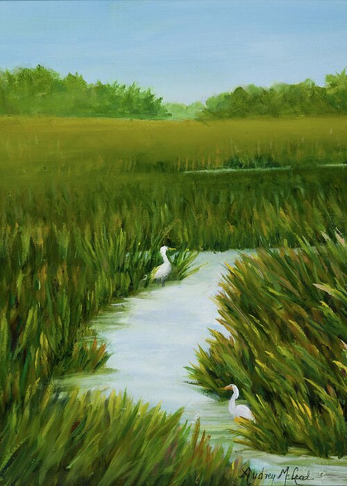 Egrets In Marsh. Summer Marsh With Egrets Greeting Card featuring the painting Egrets Respite by Audrey McLeod