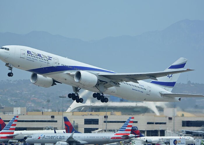 Airplane Greeting Card featuring the photograph El Al Boeing 777-258ER 4X-ECE Los Angeles International Airport May 3 2016 by Brian Lockett