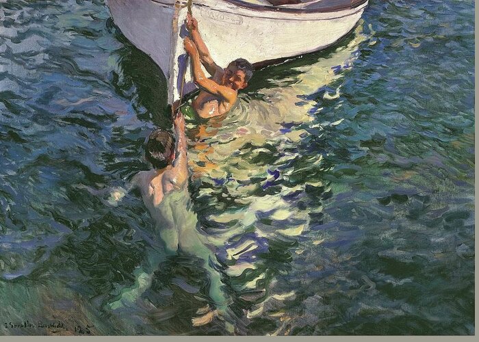 Joaquin Sorolla Greeting Card featuring the painting El Bote Blanco by Joaquin Sorolla