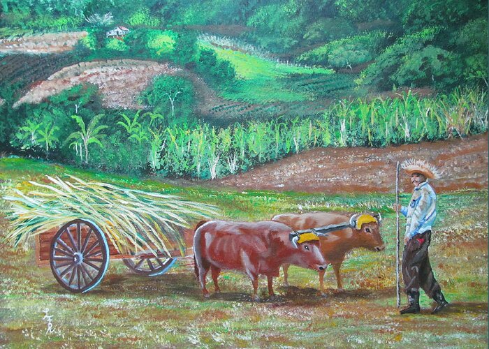 Finca Greeting Card featuring the painting El Paraiso Del Campesino by Luis F Rodriguez