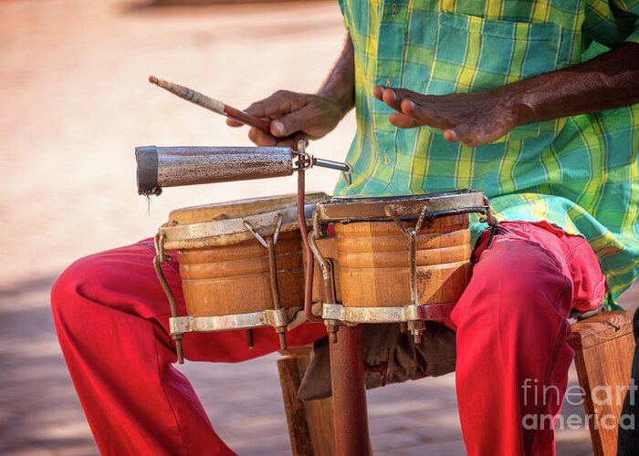 Cuba Greeting Card featuring the photograph Street musician playing drums, Cuba by Delphimages Photo Creations