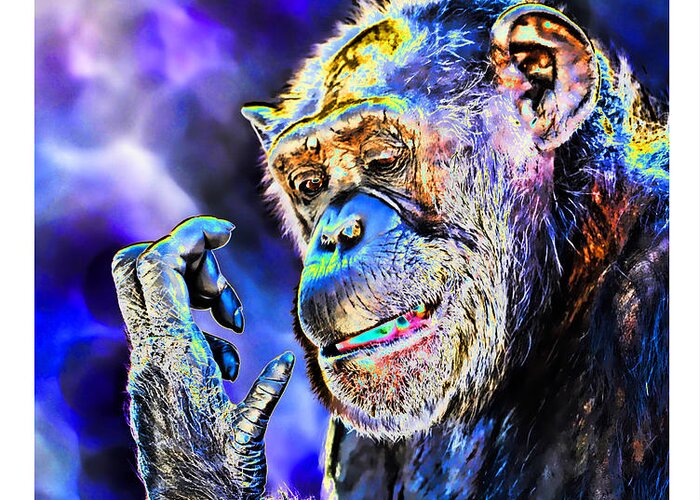 Elderly Chimp Greeting Card featuring the digital art Elderly Chimp Studying Her Hand Altered Version by Jim Fitzpatrick