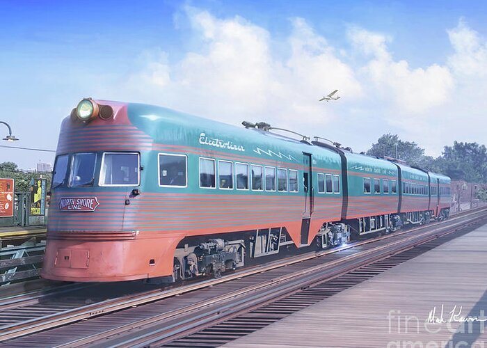 Railroad Art Greeting Card featuring the painting Electroliner by Mark Karvon