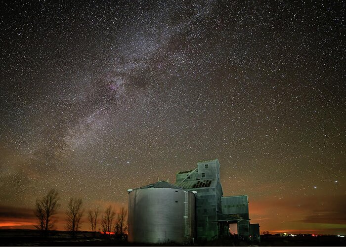 Elevator Milky Way Stars Starscape Astroscape Nd Farm Bin Abandoned Sky Night Horizontal North Dakota Greeting Card featuring the photograph Elevator to the Stars by Peter Herman