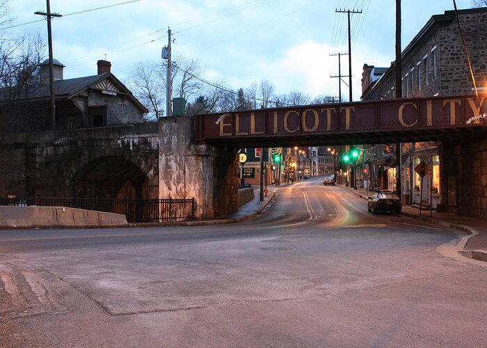 Ellicott Greeting Card featuring the photograph Ellicott City Nights - Entrance to Main Street by Ronald Reid