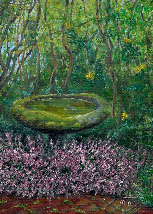 Bird Bath Greeting Card featuring the painting Embracing Moss by Marie-Claire Dole