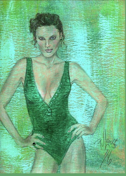 Swimsuit Greeting Card featuring the painting Emerald Greem by PJ Lewis