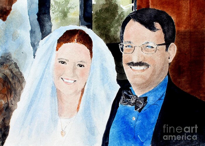 A Bride And Groom On Their Wedding Day. Greeting Card featuring the painting Emily And Jason by Monte Toon