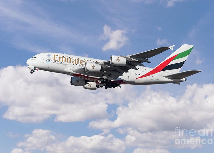 A380 Greeting Card featuring the digital art Emirates Airbus A80 by Airpower Art