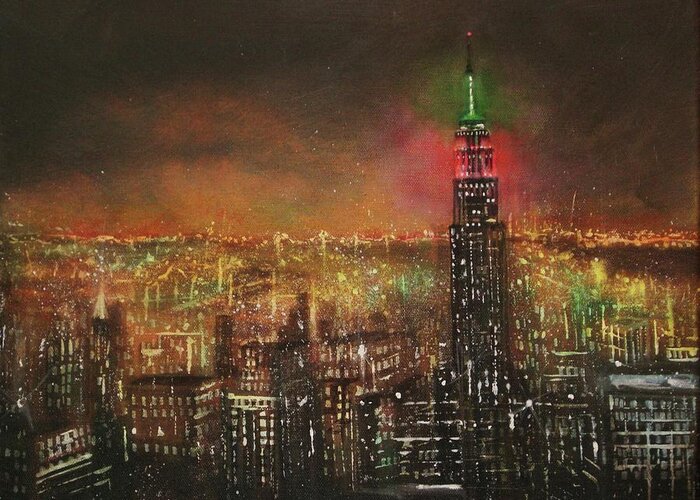  City At Night Greeting Card featuring the painting Empire State Building by Tom Shropshire