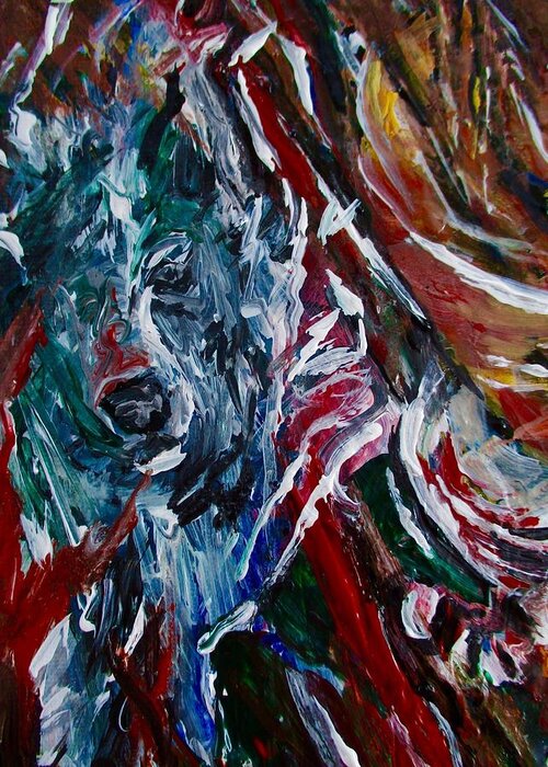 Wolf Greeting Card featuring the painting Energy of Fire by Dawn Caravetta Fisher