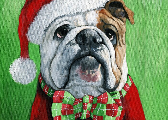 Santa Dog Greeting Card featuring the painting Holiday Cheer -English Bulldog Santa dog painting by Linda Apple