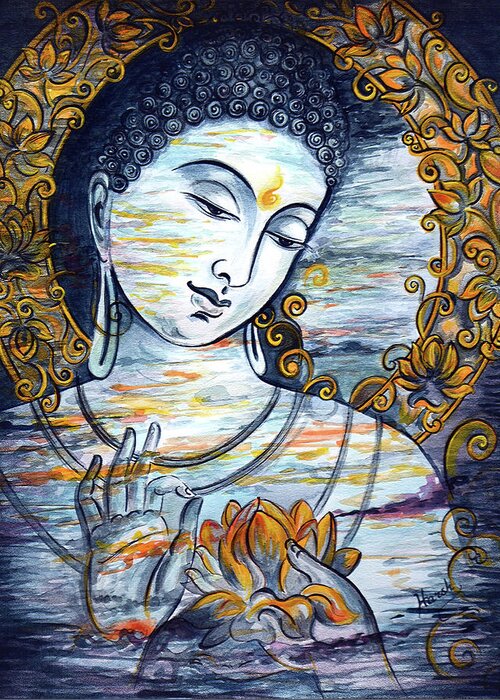 Buddha Greeting Card featuring the painting Enlightened by Harsh Malik