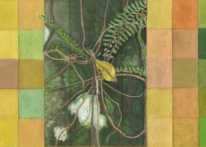 Gouache Greeting Card featuring the painting Entanglement by Kerryn Madsen- Pietsch