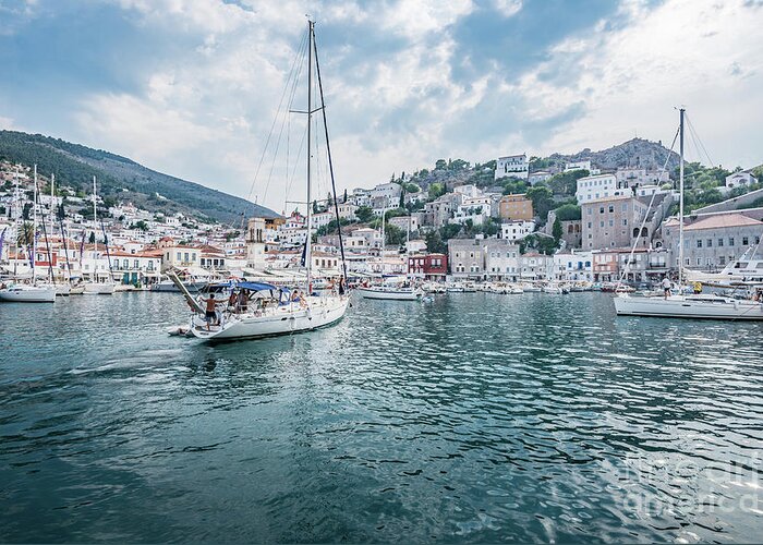 Aegis Greeting Card featuring the photograph entering port Hydra by Hannes Cmarits