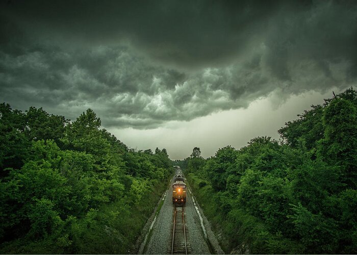 Railroad Tracks Greeting Card featuring the photograph Entering the storm by Jim Pearson