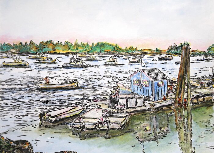 Carver's Harbor Greeting Card featuring the drawing Entering Vinal Haven, Maine by Michele A Loftus