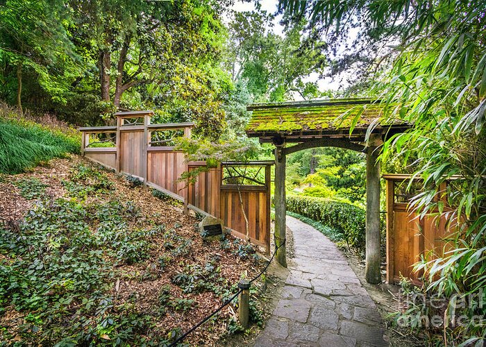 Entrance To Japanese Garden Maymont Park Virginia Bamboo Pathway Garden Trellis Archway Fence Gate Path Greeting Card featuring the photograph Entrance to Japanese Garden Maymont by Karen Jorstad
