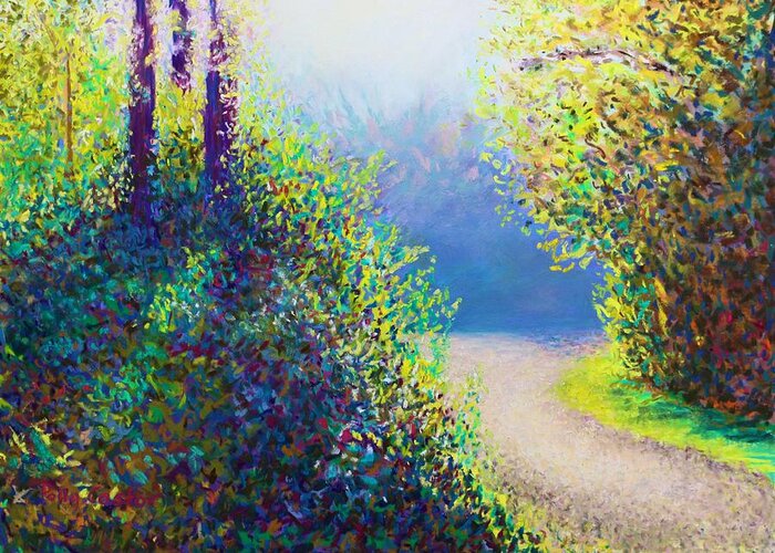 Vibrant Greeting Card featuring the pastel Entrance to the Quarry in Early Fall by Polly Castor