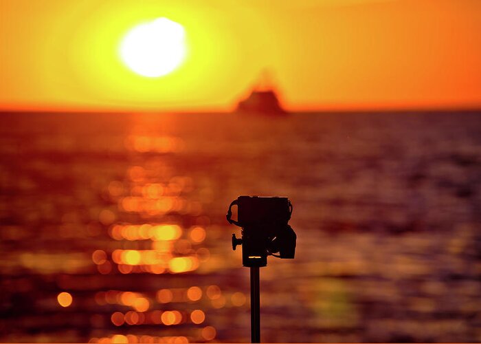 Camera Greeting Card featuring the photograph Epic sunset photograpgy with DSLR on tripod by Brch Photography