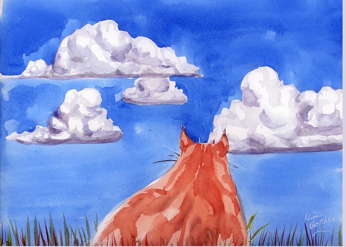 Cat Greeting Card featuring the painting Ernesto's dream by Mimi Boothby