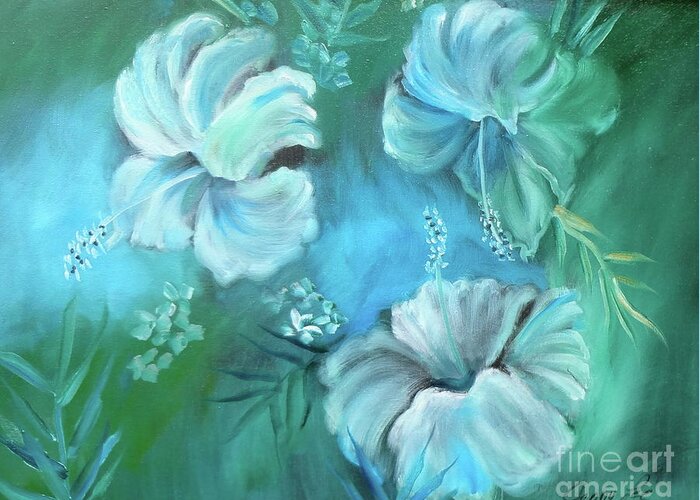 White Hibiscus Print Greeting Card featuring the painting Escape To Serenity by Jenny Lee