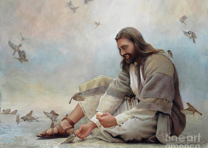 Jesus Greeting Card featuring the painting Even A Sparrow by Greg Olsen