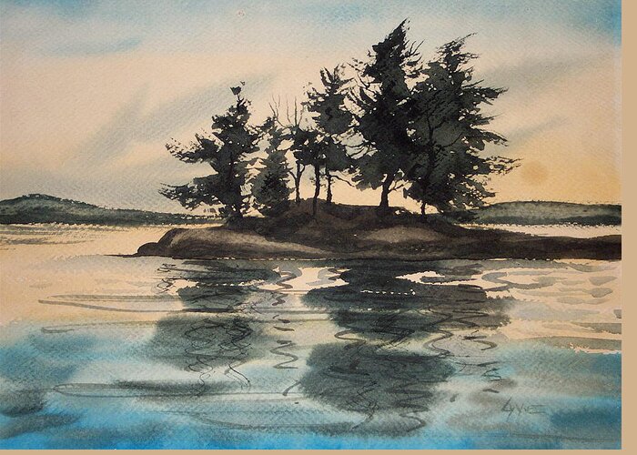 Sunset Island Sillotte Water Reflections Evening Landscape Greeting Card featuring the painting Evening Island by Lynne Haines