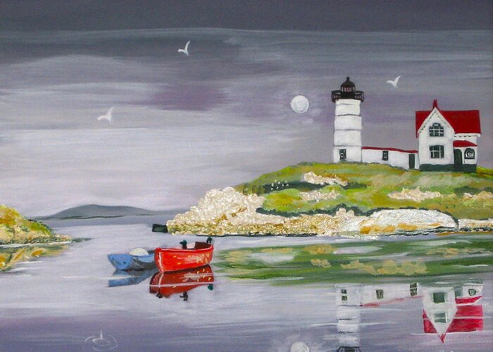 Lighthouse Greeting Card featuring the painting Evening Lighthouse by Phyllis Kaltenbach