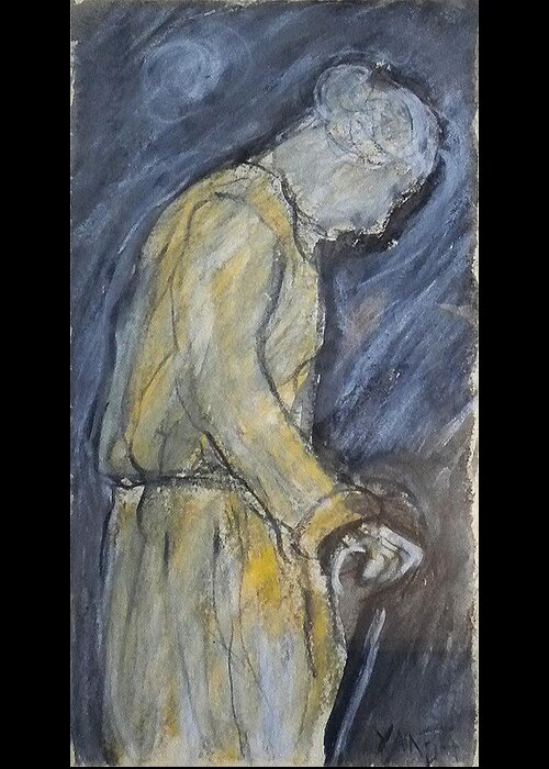 Original Art Pastel Chalk Drawing Evening Stroll Lady Cane Greeting Card featuring the pastel Evening Stroll by Katt Yanda