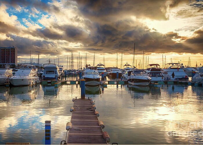 Dock Greeting Card featuring the photograph evening yachts marine, Algarve, Portugal by Ariadna De Raadt