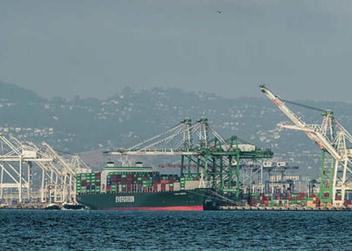 Evergreen Greeting Card featuring the photograph Evergreen Freight Ship and Cargo in Port of Oakland, California by David Oppenheimer