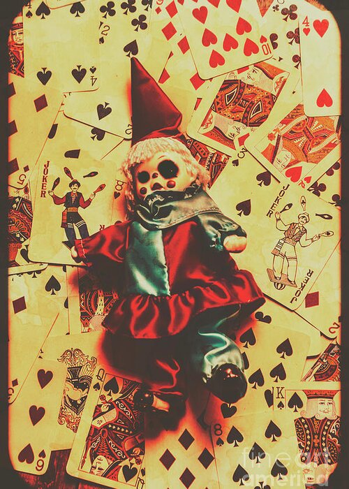 Doll Greeting Card featuring the photograph Evil clown doll on playing cards by Jorgo Photography
