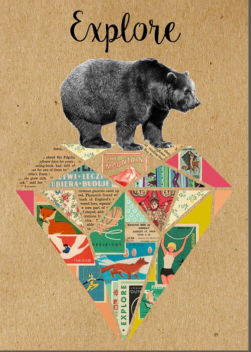Explore Greeting Card featuring the mixed media Explore Bear by Claudia Schoen