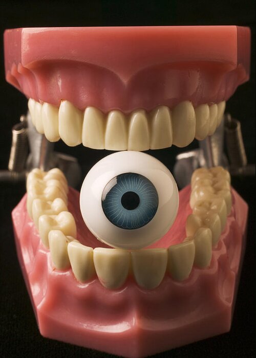 Eye Greeting Card featuring the photograph Eye held by teeth by Garry Gay