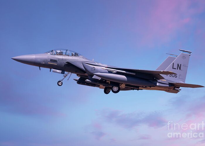 Usaf Greeting Card featuring the photograph F15 coming into land lowering landing gear by Simon Bratt