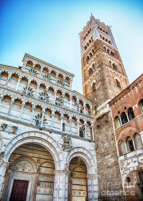 Italy Greeting Card featuring the photograph Facade and bell tower of Lucca Cathedral, Italy by Ariadna De Raadt