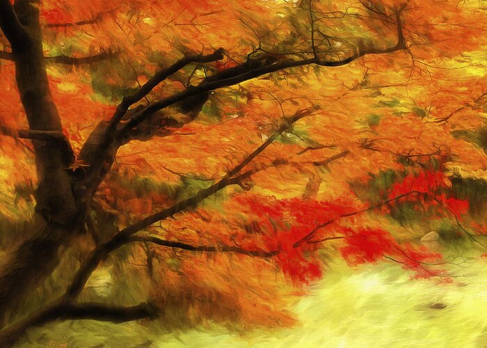 Fall Autumn Leaves Temple Pond Impressionist Greeting Card featuring the digital art Fall At The Temple by Brandon Hunter