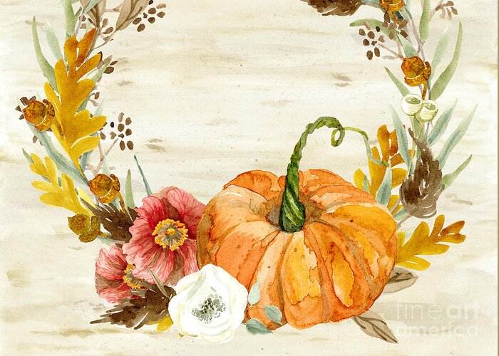 Autumn Greeting Card featuring the painting Fall Autumn Harvest Wreath on Birch Bark Watercolor by Audrey Jeanne Roberts
