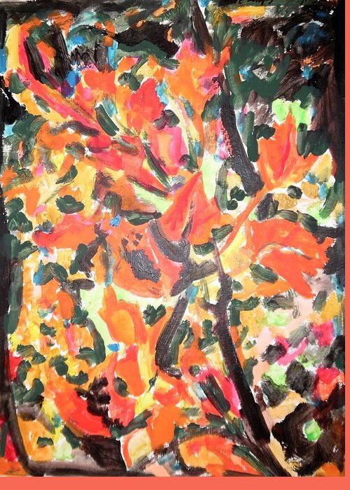 Fall Forest In Red And Black Greeting Card featuring the painting Fall Forest in Red and Black by Esther Newman-Cohen